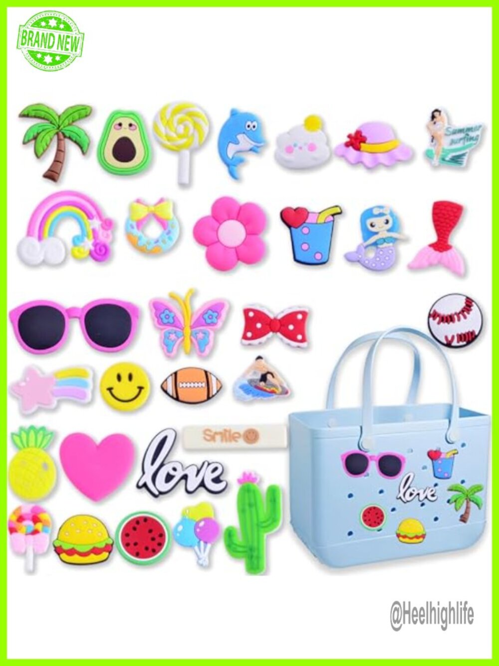 30pcs DIY Bag Charms for Bogg Bag, PVC Rubber, Letters Flowers Baseball Beach,
